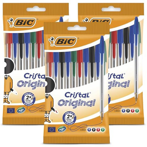 BIC Cristal - Bolígrafos originales, punta fina de 1,0 mm, colores surtidos, bolígrafos fiables para el día a día para la escuela y la oficina, escritura suave, agarre cómodo, duradero y duradero