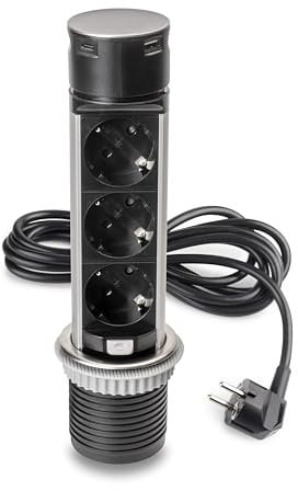 Emuca - Multiconnettore estraibile Vertikal Push 60, diametro 60 mm, 3 prese Schuko, 1 USB tipo A, 1 USB tipo C, Acciaio e Tecnoplastica, Acciaio inossidabile
