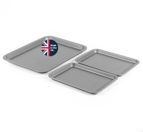 Salter Essentials Baking Tray Set, 3 Piece, 31 Cm & 23 Cm | Carbon Steel Construction, Non-Stick Coating, Dishwasher Safe, Even Heat Distribution, Silver Finish, Made In The UK
