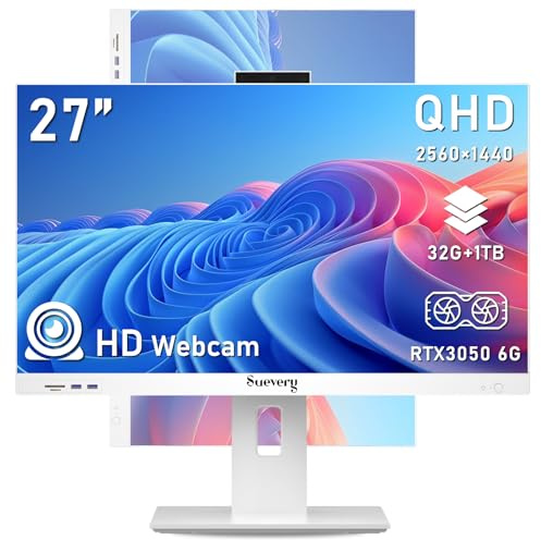 suevery Vorgebauter Desktop-Computer, 68,6 cm (27 Zoll), All-in-One, 32 GB | Intel Core I5 14400F Up To 4.7G RTX 3050 6G 27Inch 2K All in One Gaming PC Bundle Pro AIO Home Office Business Webcam W11P