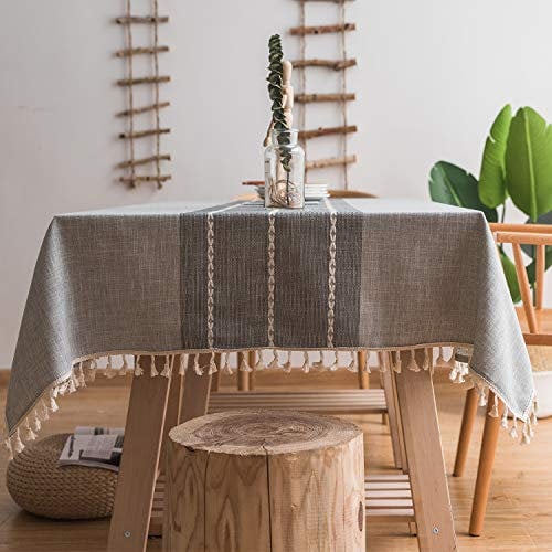MOKANI Middle Embroidery Table Cloth Washable Cotton Linen Tassel Tablecloth, Rectangle Wrinkle Free Anti-Fading Table Cover for Kitchen Dinning Thanksgiving Christmas (55 x 70 Inch, Gray)