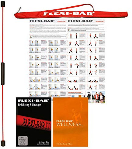 FLEXI-BAR® Standard Rot Wellness-Set 1, hochbelastbarer Schwingstab von Flexi-Sports mit Tasche Rot, Einführungs-DVD, DVD Wellness und Trainingsplan, Schwungstab, Schwingstick