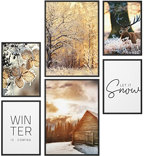 Papierschmiede® Mood Poster Set Let It Snow, Gerahmte Bilder (Rahmen: Material und Farbe wählbar), Wohnzimmer Deko Wandbilder Schlafzimmer, 2x A3 und 4x A4, Schnee Winter