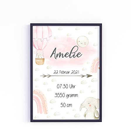 Geburtsanzeige Geburtsdaten Geburtsposter Poster Personalisiert Geburt Geschenk Geburtsbild Baby Kunstdruck mit Namen A4 (Mädchen)