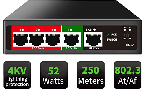 STEAMEMO 5 Port PoE+ Switch | Easy Smart Managed Ethernet Switch | Support VLAN, QoS | 52W Total PoE Budget | Fanless Metal | Plug & Play (Desktop/Wall Mount)