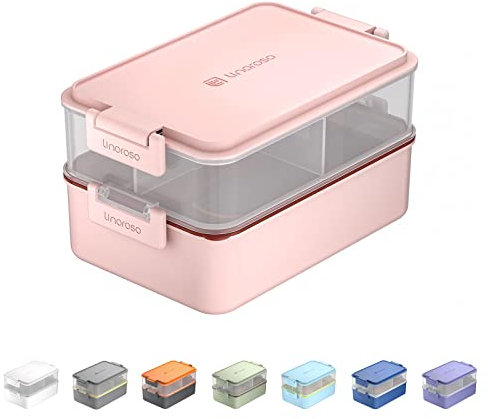 linoroso Bento Lunch Box Boite Repas pour Adulte avec 3 Compartiment Lunchbox avec Récipient à Sauce et Ustensiles Micro Ondable et Lave-vaisselle, Sans BPA Comme Boîte à Sandwich Salade - Rose