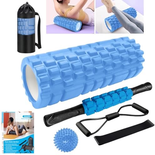 Faszienrolle, Qveetry 6 in 1 Foam Roller Faszienrolle Set mit Massageroller Stab, Widerstandsbänder Krafttraining, Massageball, Fitnessbänder, 33cm Schaumstoffrolle für Yoga Pilates, mit Poster (Blau)