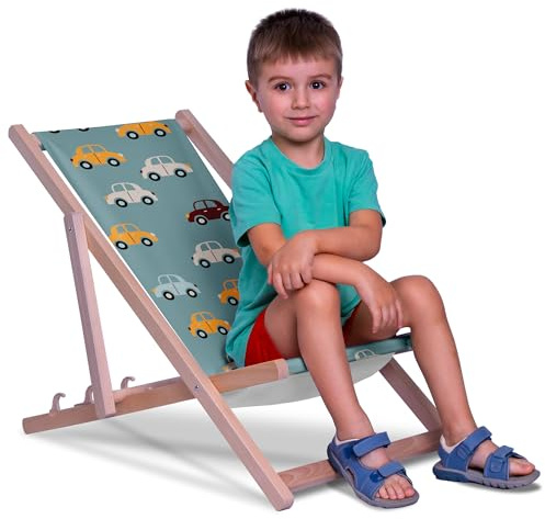DreamRoots Kinder Liegestuhl Holz Gr. S, Colorful Cars | Klappbarer Campingstuhl faltbar, für Garten & Strand, bis 130 kg, waschbarer Bezug, 100% Polyester, UV-beständig, Kinderliege