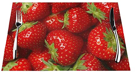Rote Erdbeer-Obst-PVC-Tischsets, 6 Stück, rutschfest, hitzebeständig, 45 x 30 cm