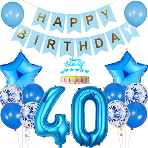 Conruich Luftballon 40. Geburtstag Dekoration, Geburtstagsdeko 40 Jahre Mann Frau, Tortendeko Geburtstag 40 Jahre Männer, Blau 40. Geburtstag Deko, Happy Birthday Banner für 40. Geburtstag Party Deko