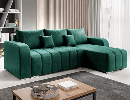 Velvet Ecksofa in L-Form 245 x 86 x 147 cm mit Schlaffunktion und Bettzeugbehälter - Schlafsofa mit Bettkasten - Eckcouch mit Stauraum - Rechts Couch Velours - Farbe: Flaschengrün MO37