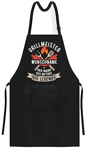 OM3® Grillmeister + Wunschname auf Grillschürze - der Mann, der Mythos, die Legende Grill-Schürze - mit Name - BBQ Küchenschürze