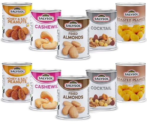 SALYSOL Snacks Nuts Bundle Variety 10-Pack 50g - 2 Cans Each of Fried Almonds, Cashews, Roasted Peanuts, Spicy Cocktail, Honey & Salt Peanuts. Sealed for Optimal Freshness for Unique Taste Sensation
