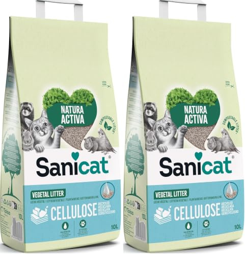 Sanicat - Lecho Absorbente multipet de celulosa reciclada | Absorción Superior y Control de olores | Producto ecológico y Biodegradable | 10L de Capacidad (Paquete de 2)