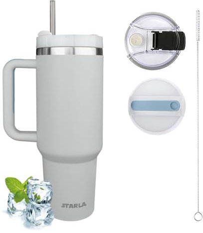 STARLA Mug Isotherme avec paille et poignée, 1,2l grand, 2 couvercles, tasse isotherme étanche, tasse à café à emporter, tasse à eau, tasse à boisson, tasse de voyage, tasse à boire (Brouillard)