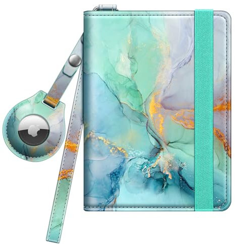 FINTIE Porta Passaporto con Holder per Airtag, Portafoglio da Viaggio Protezione RFID con Slot Carte di Credito per Donne/Uomini, Emerald Marble