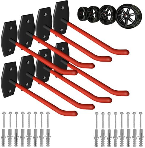INDECKMO (8 Stück Wandhalterung, Garagen-Reifenhaken, 25,4 cm, robuste Stahl-Garagen-Aufbewahrungshaken mit Anti-Rutsch-Beschichtung, Hängewerkzeuge für bis zu 40 kg, für Autoreifen, Leitern, Stühle,