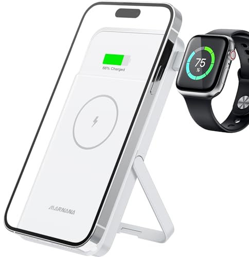 Marnana Batterie externe magnétique sans fil avec chargeur pour Apple Watch, chargeur portable à charge rapide 10 000 mAh avec support pliable pour iPhone 12/13/14/15 Series et Apple Watch – Blanc