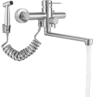 Rubinetto da cucina a parete, Miscelatore con Doccetta a Spruzzo e 3 Tipi di Getto d'Acqua, Doppia Regolazione della Temperatura, Girevole a 360°, Acciaio Inox Spazzolato, Argento