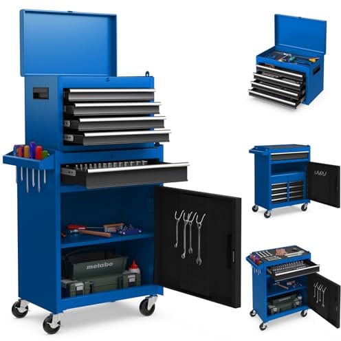 COSTWAY Large Rolling Tool Cabinet, 2-in-1 Detachable Metal Tool Chest with Drawers, Wheel, Handle, Hooks & Pegboard, Lockable Tool Box Trolley for Garage Workshop (with Adjustable Shelf, Blue+Black)