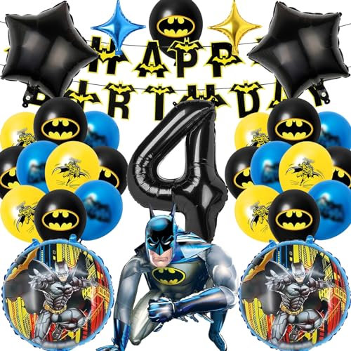 Mizijia 24 Stück Batm Geburtstagsdeko 4 Jahre Junge Mädchen, Batm Luftballons Geburtstag Set, Kindergeburtstag Folienballon, Geburtstag Party Deko Ballons Set für Kinder (4)