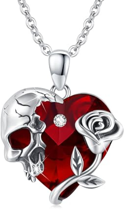 ECHOOY Geburtsstein Totenkopf Halskette Sterling Silber Rose Gothic Anhänger Herz, Österreichische Kristall Halloween-Schmuck für Damen