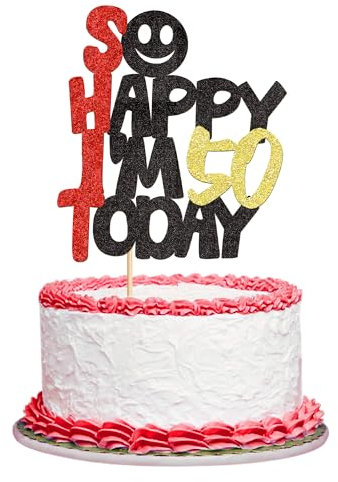 Ercadio 1PCS So Happy I'm 50 Today Cupcake Toppers Glitter 50th Birthday Cake Toppers Funny 50th Cake Topper for Men or Women Picks for Birthday Party Cake Decorations Supplies