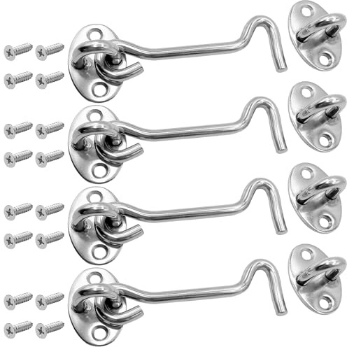 Abaigeal 4 Inch Hook and Eye Latch, 8 Pcs 106mm Silver Gate Hook Stainless Steel Cabin Hook, Hook Eye Latch Door Lock Hook Lock, Latch Apply to Wooden Gates, Window Brace Gate Door Catch