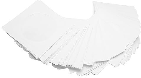100 Pack White Paper CD DVD Sleeves Envelope Holder with Clear Window and Flap for 3.15in Disc, Easy to Label