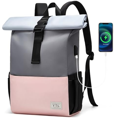 YTL Rolltop Rucksack Damen & Herren,Leichte Rucksäck Wasserdichte Tasche Radfahrenrucksack Reiserucksack Schultasche Teenager Backpack Women Viel Fächer mit 15,6 Laptopfach