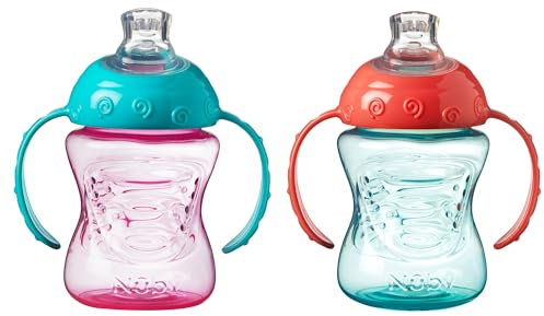 Nuby Grip N Sip – Tasse d’apprentissage avec poignée | Bec souple antifuites | 240ml | Rose et Orange | + 4 mois | 2 Pack