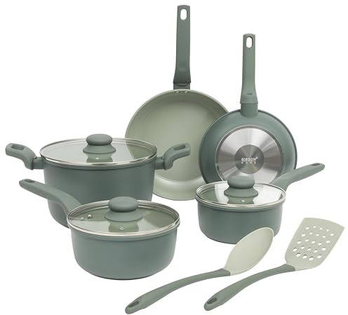 Gibson Home Barnsdall 10 Piece Premium PFA Free Ceramic Nonstick Pots and Pans Aluminum Cookware Set W/Kitchen Tools - Sage Green