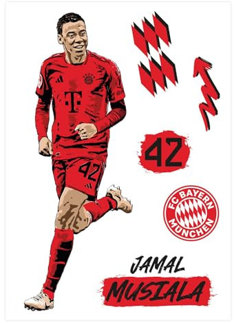 K&L Wall Art FC Bayern München Wandsticker FCB Fußballspieler Logo Fußball Trikot Wandtattoo - Offizielles Lizenzprodukt (Comic, Jamal Musiala) 68x100 cm