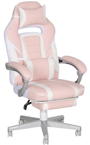 HOMCOM Gaming Chair with Footrest, PU Leather Computer Chair, Swivel Game Chair with 150° Reclining Back and Lumbar Support for Adults, Pink