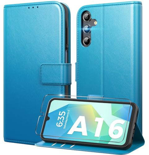 Peakally Handyhülle für Samsung Galaxy A16 5G Hülle [Mit 1 Stück Panzer Schutz Glas] [Premium PU Leder] [RFID-Blockierung] [Kartenfach] Klapphülle mit Galaxy A16 5G / A16 4G - Leuchtend Blau