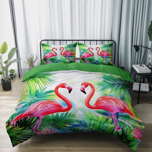 Légère Microfibre Parure De Lit 3 Pièces, Aquarelle Flamant Rose Thème Housse De Couette avec Fermeture Éclair 240 x 260 cm, Vert Hypoallergénique Réversible Housses de Couettes
