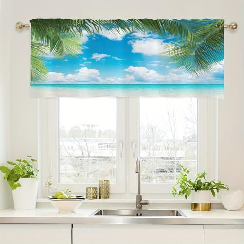 Tolldek Bistrogardine Jugendzimmer Blau Grün Weiß, Strand Blatt Muster Blickdichte Scheibengardine Bad 1 Teiliges Rod Pocket Polyester Gardinen Fenster Vorhänge, H45x B152cm