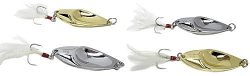 Gold Silver Fishing Spoon Lure Spinner Salmon Trout Pike Sea Trout Feather Tail Feathered White Silver Tinsel Bucktail Mackerel Long Cast Shiny Casting Fast Sink Boat Spoon Wedge (Set of All 4)
