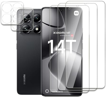 3 Piezas Protector de Pantalla para Xiaomi 14T 5G con 2 Piezas Protector de Lente de Cámara, 9H Dureza Vidrio Templado, Ultra HD, Anti Arañazos, Sin Burbujas