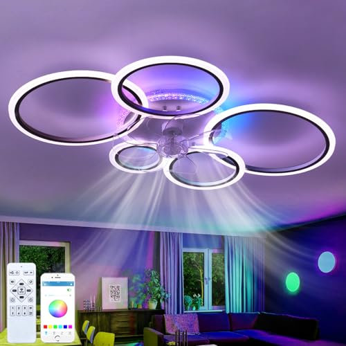 Dfiacn RGB Ventilateur Plafond Avec Lumiere LED Dimmable Chambre Silencieux Lampe Ventilateur Plafond Avec Télécommande Réversible 6 Vitesses Timing Lustre Ventilateur Salon Φ 95 Cm, Noir