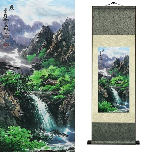 Newscz Luxus Wandkunst Seidenrollen Sommerlandschaft Vier Jahreszeiten 92x30 cm - Präzise Seidenmalerei Traditionelle Chinesische Landschaftskunst Dekorationsidee Wohn Esszimmer Zen-Stil (Sommer)