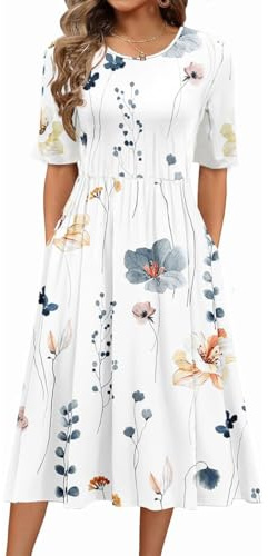 ABYOVRT Damen Kleider Lose Sommerkleid Lang Freizeitkleid Bohe Midikleid für Rundhals Strandkleid Blumenkleid Midi Kleid mit Taschen, S-XXL