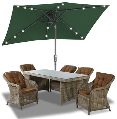Jaxguom 140x210CM Sonnenschirm Rechteckig Solar LED Kurbel-Schirm Gartenschirm Terrassenschirm knickbar Sonnenschirme ohne Ständer Großschirm für Balkon,Terrasse,Garten,Grün