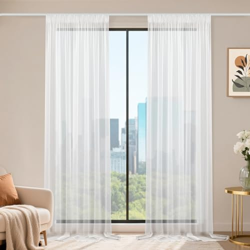 Runyéla Stores Gardinen mit Kräuselband 2er Set, Voile Schiebegardinen 280 x 140 (HxB), Transparent Gardine, Vorhang Weiß, Vorhänge für Wohnzimmer Schlafzimmer Sheer Curtain
