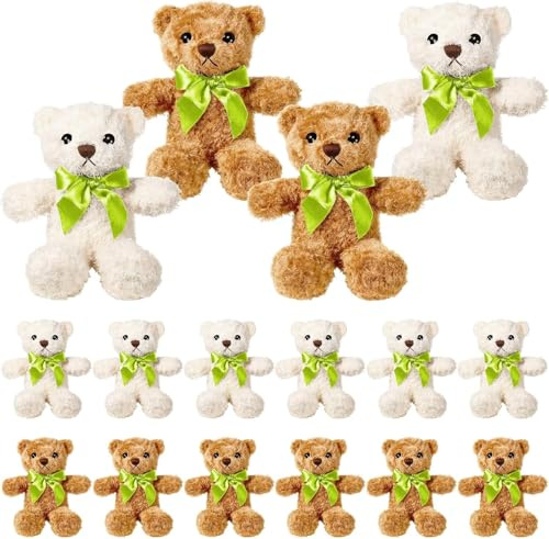 Xaztr 16er Set Teddybären Plüsch, 25 cm Kleine Kuscheltiere mit Schleife, Weiche Stofftiere als Geschenk für Baby Shower, Geburtstag und Party Deko (Hellbraun & Weiß)