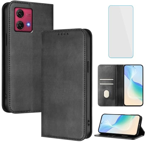 OUEAYIEN Funda para Motorola Moto G84 5G Tapa Libro Negro | con Protector Pantalla,RFID,Cuero Carcasa Cartera,Ranuras Tarjetas,Vintage móvil Funda Motorola G 84 MotoG84 5G
