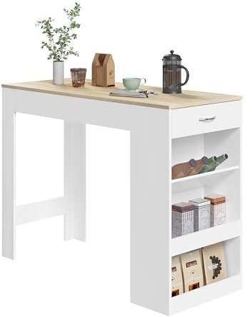 WOLTU Mesa Bar Alta, Mesa Cocina con Estantería Lateral de 1 Cajon 1 Botellero y 2 Estantes, Mesa para Comedor Salón (Blanco+Roble Claro, Centímetros, 90, Centímetros, 50, Centímetros, 120)