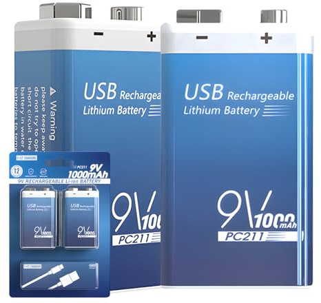 Tosiicop 9V Blockbatterie rauchmelder Akku - 9 Volt Blockbatterie Lithium 1000mAh (3700mWh) mit 2-in-1 USB-C 6F22 6LR61 Ersetzen Battery für Rauchmelder Metallmelder Beleuchtungsgeräte Mikrofone 2PCS
