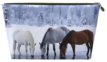 Zelinge Portable Makeup Bag Travel Toiletry Bag Small Cosmetic Organizer Pouch, Winter Horses Drinking Water-1, One Size