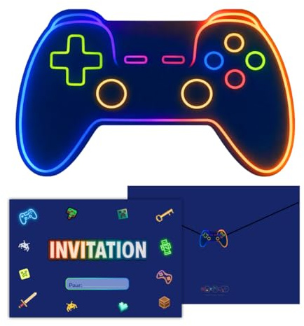 marelle CREATIVE MINDS 12 Cartes Invitation Anniversaire Garçon et Ado, Carton Invitation Anniversaire Gamer- 12 Enveloppes Assorties - 12 Autocollants Préremplies en Français - Goûter D’Anniversaire
